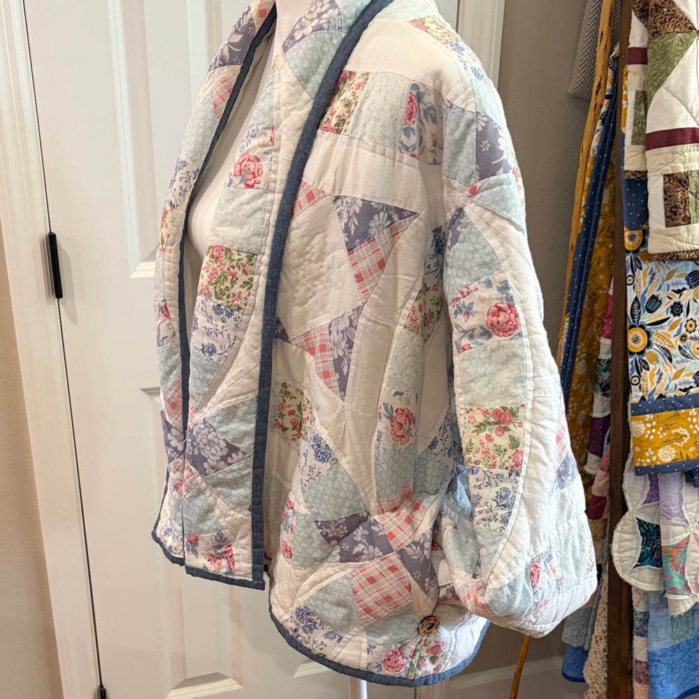 Quilted Patchwork Open-Front Jacket - Pastel Flor… - image 3